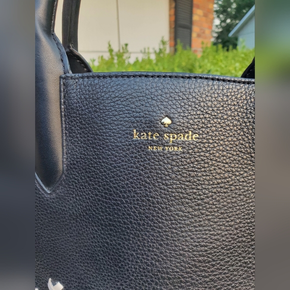Kate Spade Meriwether Flynn Street Large Leather Tote Purse Bag Black White - Picture 2 of 11